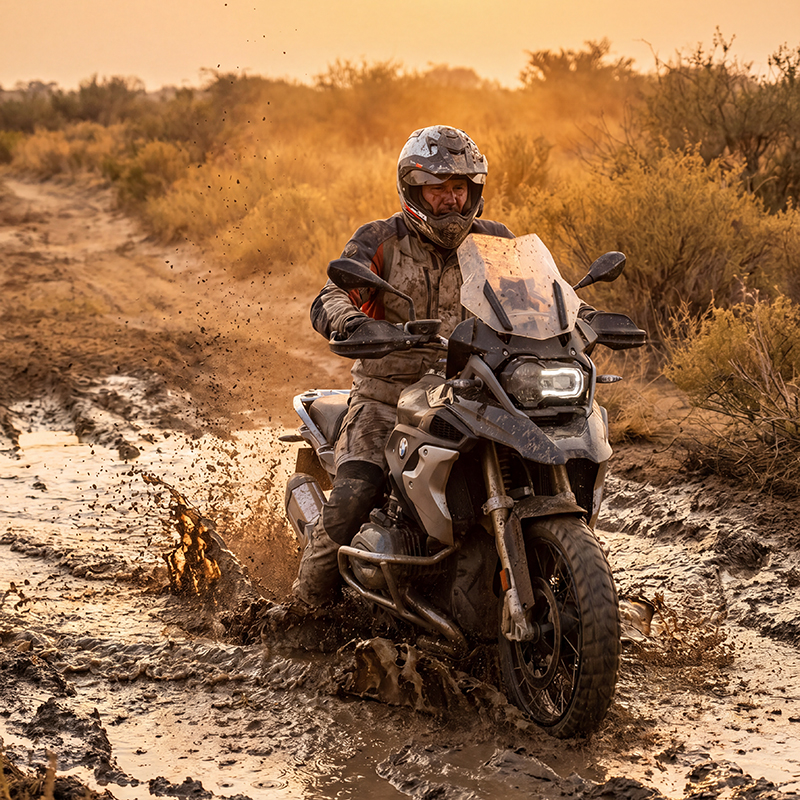 Guy working hard off road on motorcycle wearing laminated clothing